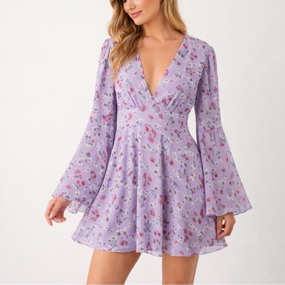 Double Crazy Dresses & Skirts - Double Crazy Purple Floral Dress Size Large Boho Bell Sleeve Empire Waist Flowy